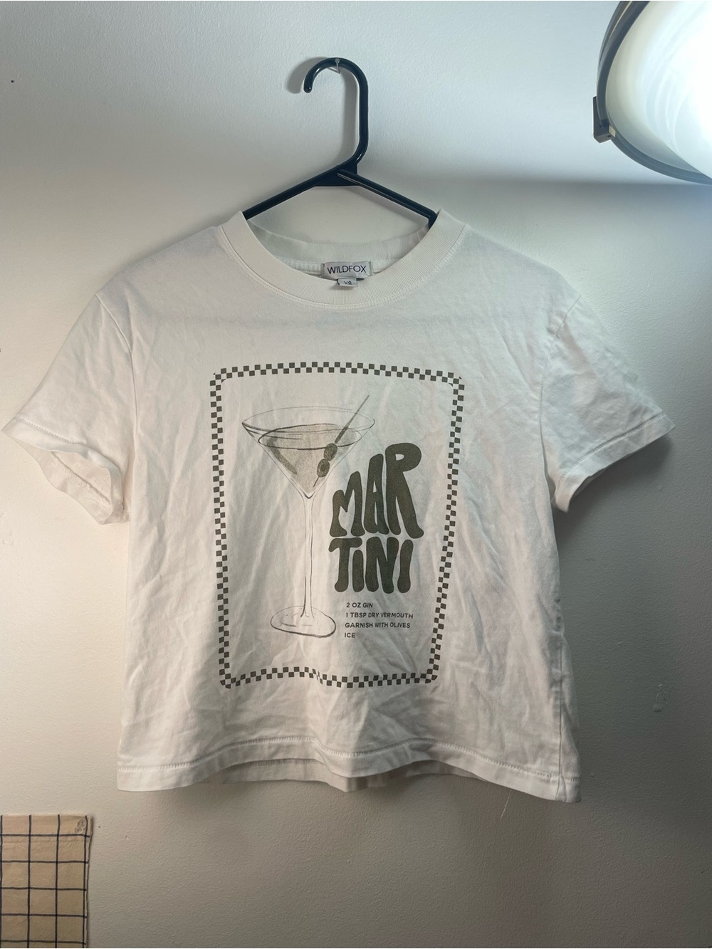 Wildfox White Cropped 'Martini' Graphic Tee with Gray Print